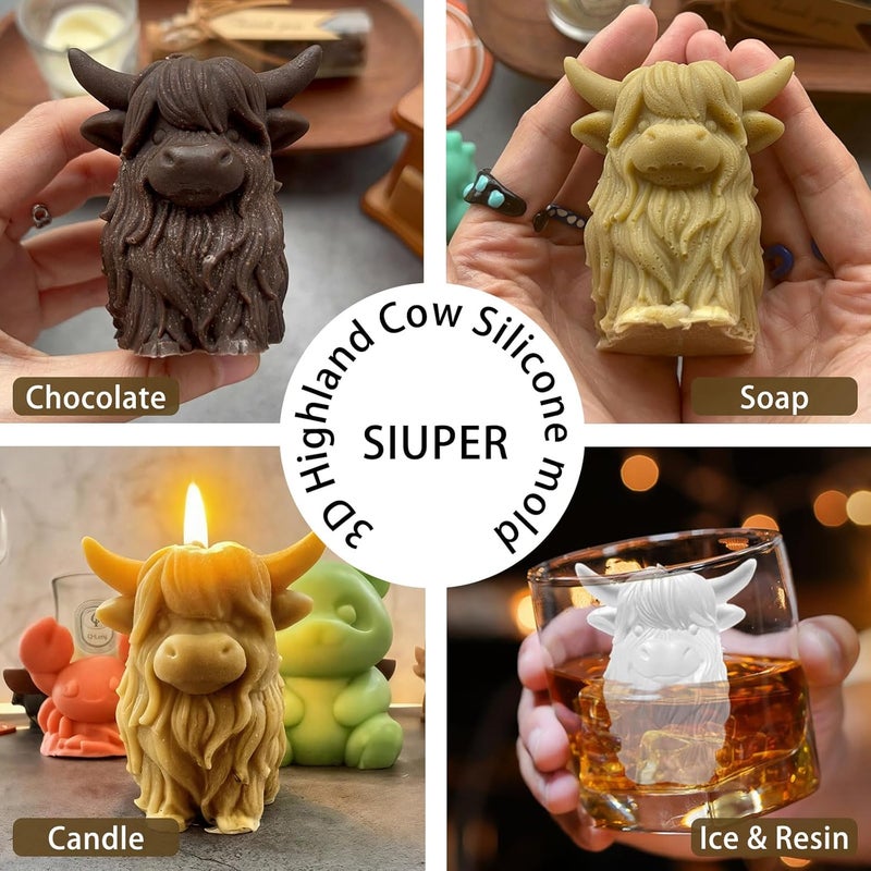 SIUPER 3D Highland Cow Ice Cube Silicone Molds Tray for Whiskey, Cocktail, Drink, Bar; Rich Details. Fun Animal Mold for DIY Taba Squishy Chocolate Soap Candle Resin Gift for Women Girls Boys; 2 Pack - Image 3
